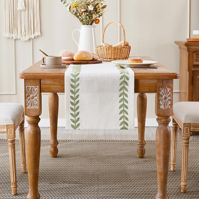 Embroidered Table Runner, Light Green Table Runners 72 Inches Long | Linen - Image 2