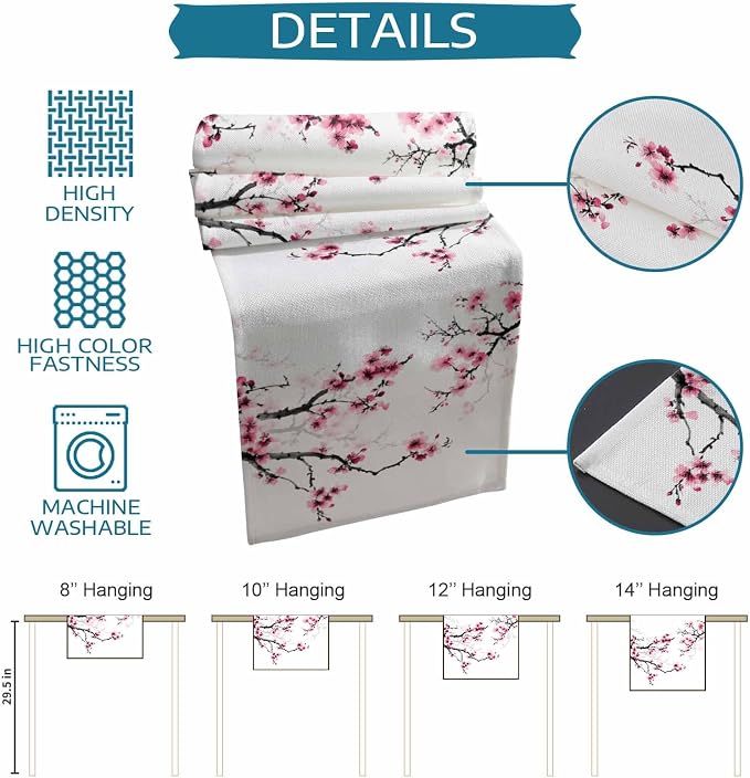 Pink Cherry Flowers Short Table Runners 48 Inches, Cotton Linen Fabric Table - Image 7
