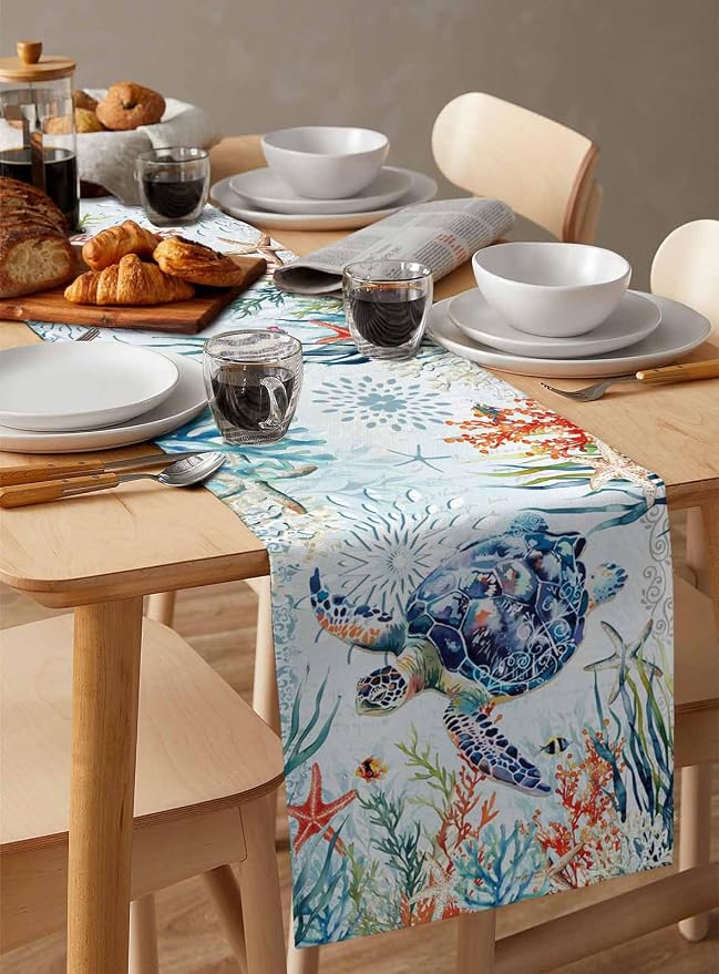 Sea Turtle Coastal Table Runners 70 Inches Long, Summer Beach Coral Table - Image 3