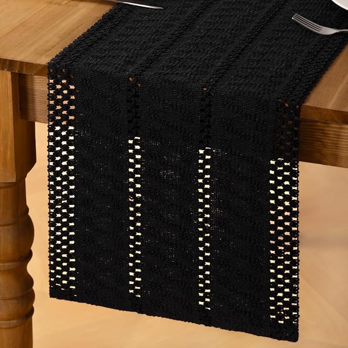 Black Boho Table Runner Farmhouse Macrame Woven Table Runner 12x72 Inch | Small - Image 4