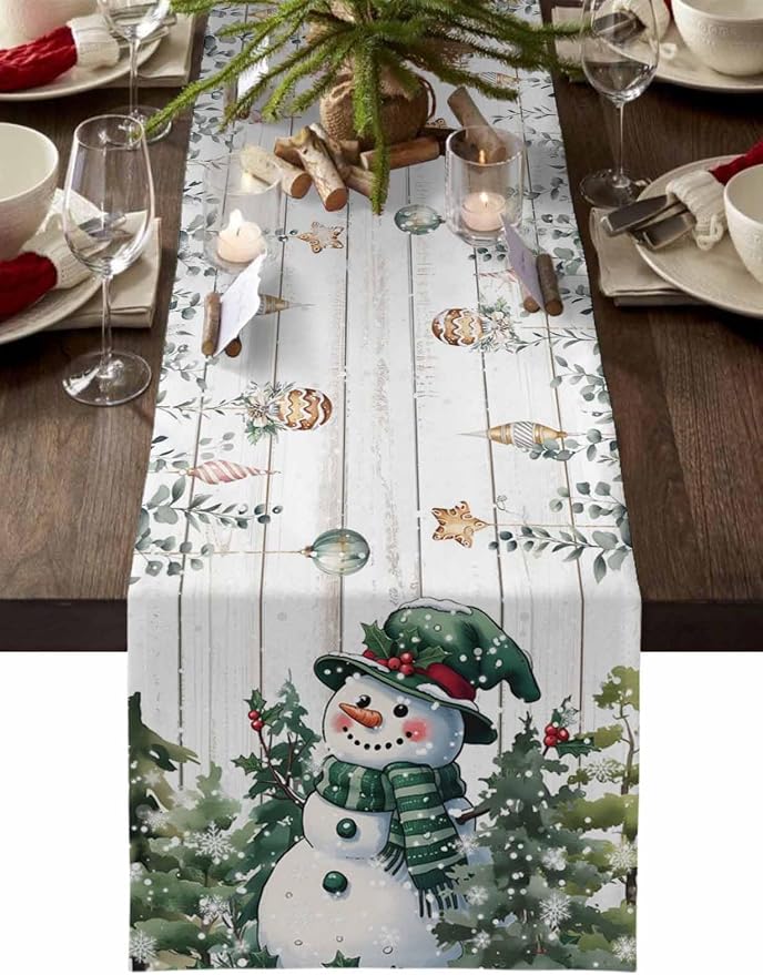 Christmas Snowman Table Runner 36 Inches Long, Xmas Trees Eucalyptus Leaves by Unknown