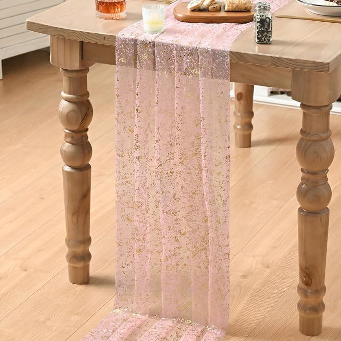 Artoid Mode 10Pcs Pink Gauze Gold Table Runner 10FT, Glitter Metallic Foil - Image 5