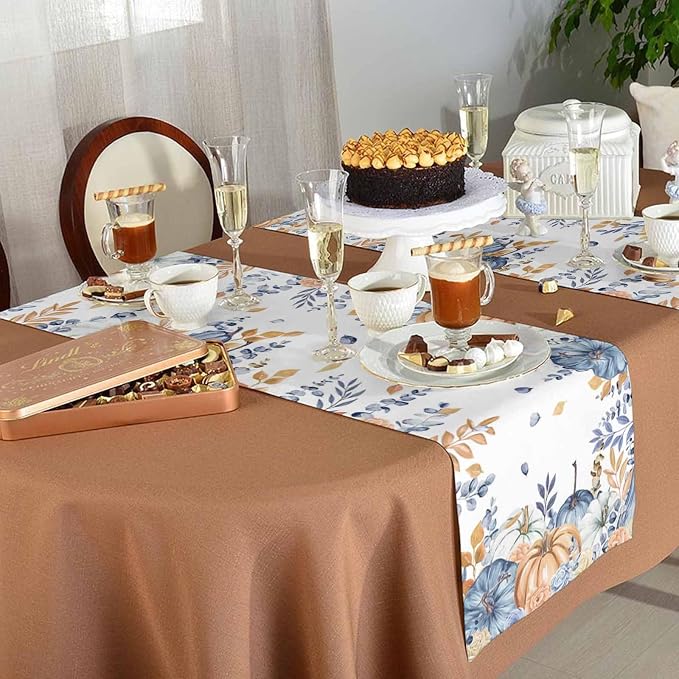 Blue Pumpkin Fall Table Runner 48 Inches Long, Thanksgiving Floral Eucalyptus - Image 5