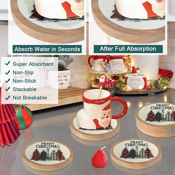 Christmas Tree Coasters for Drinks, Minacun Absorbent Coaster Set of 5 - Image 2