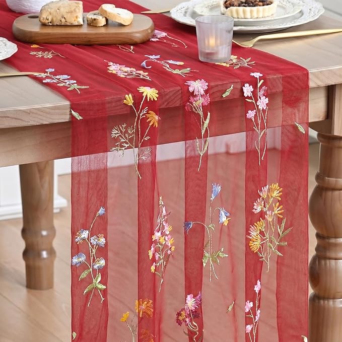 Artoid Mode Wildflower Floral Red Gauze Embroidery Table Runner 120 Inch 10FT by ArtoidMode