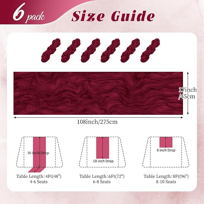 6 Pack Burgundy Cheesecloth Table Runner 17x108 Inch Semi Sheer Boho Gauze - Image 2