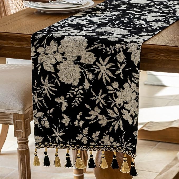 Botanical Floral Dining Black Boho Table Runner 13 x 71 Inch | Jacquard Flower - Image 2