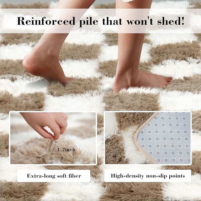 Checkered Rug for Bedroom, 4x6 Beige and White Area Rugs, Classic Checkered - Image 6