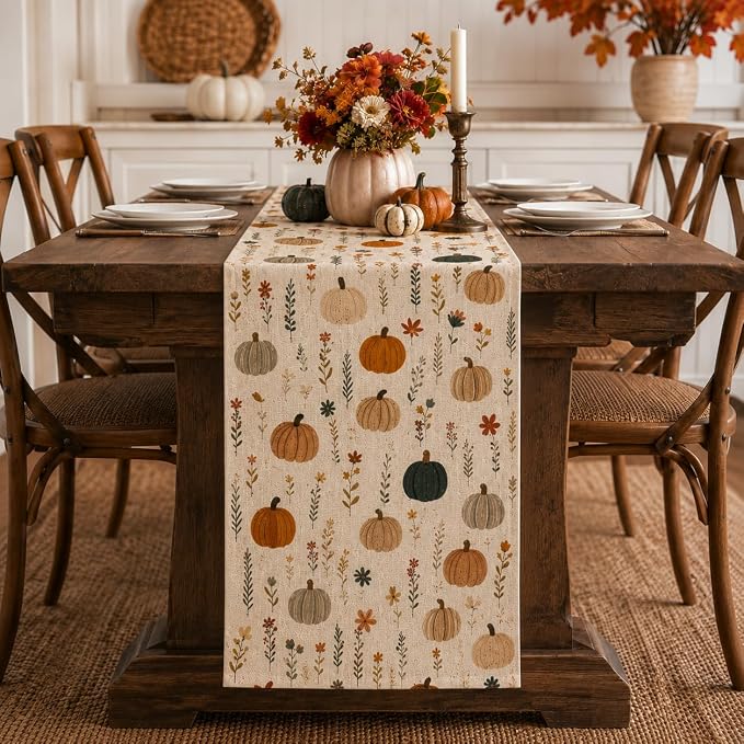 Fall Table Runner 13×90 Inch, Watercolor Pumpkin Floral Autumn Table Decor | by Unknown