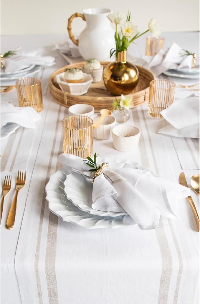 Solino Home 100% Linen Table Runner, 14 x 90 in, Natural and White Striped | - Image 2