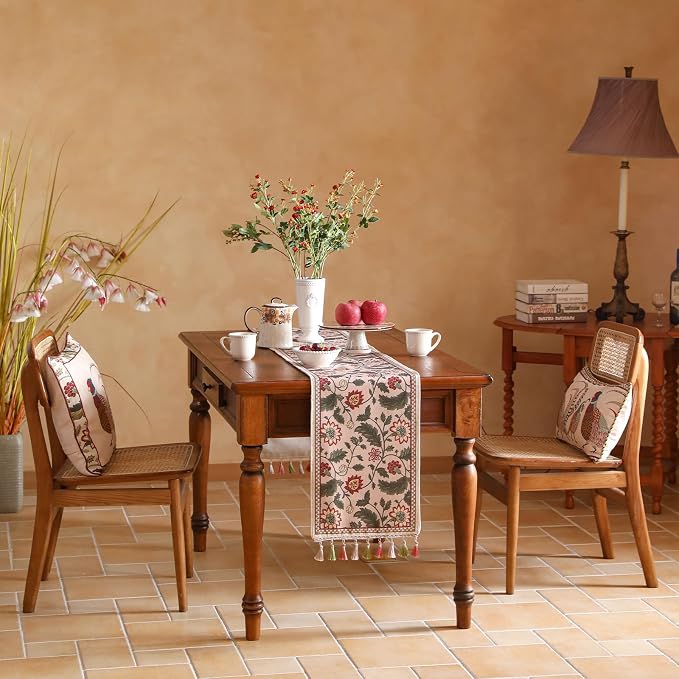 Designer Vintage Linen Long Table Runner, Floral Leave Pattern, Dining Table - Image 4