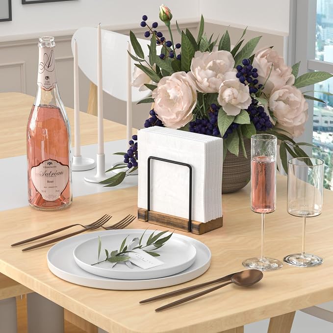 Wican Napkin Holder for Table, Wood Iron Standing Napkin Dispenser | Dining - Image 2
