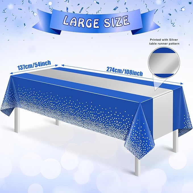 12Pcs Blue Silver Tablecloth Party Decorations, Plastic Royal Blue Table Cloth - Image 3