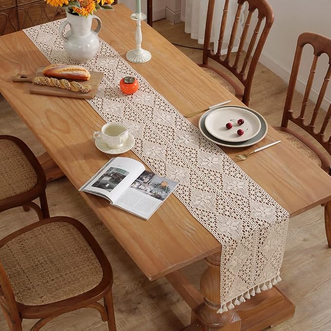 meioro Crochet Lace Table Runner, 12x60 Inch Boho Cotton Table Runners - Image 2