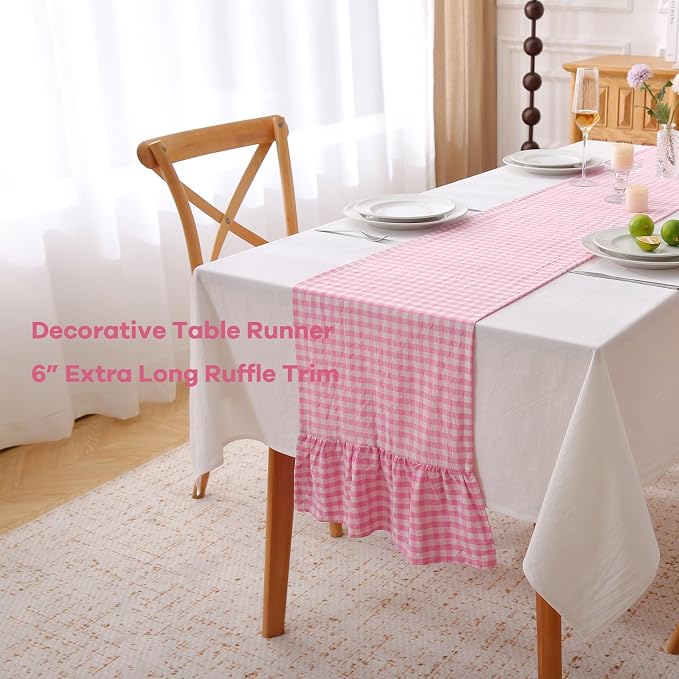 Pink White Plaid Gingham Ruffle Table Runner 90 inches Long 100% Washed Cotton - Image 3