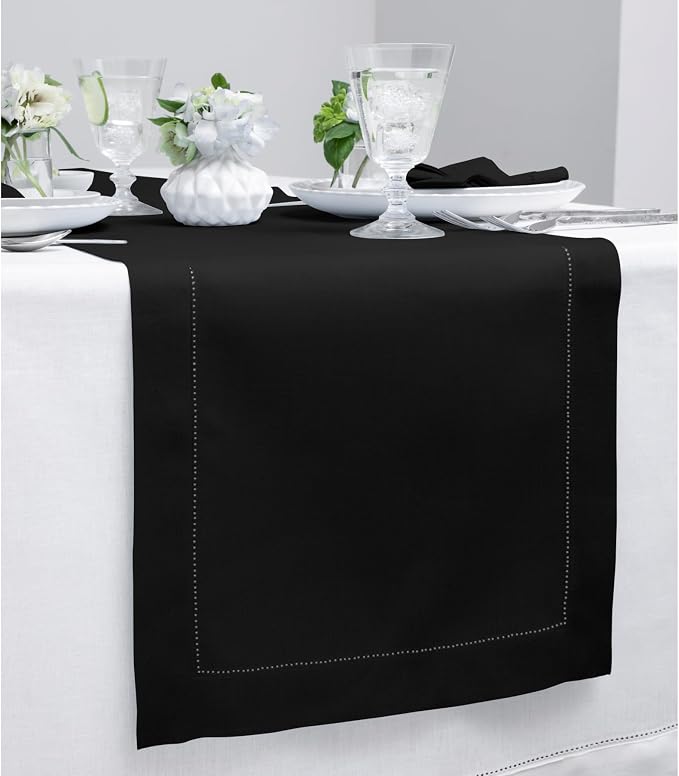 Solino Home 100% Linen Table Runner Black, Classic Hemstitch 14 x 156 in | - Image 2
