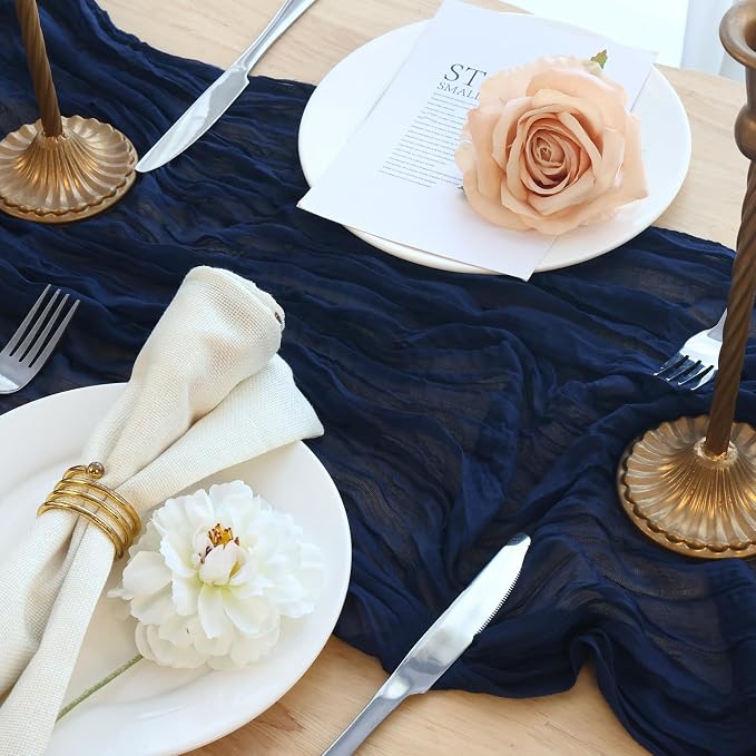 3 Pack Navy Blue Cheesecloth Table Runner 120 Inch Boho Wedding Decor | - Image 5