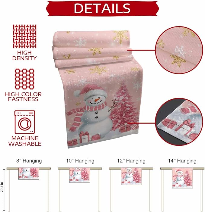 Pink Christmas Snowman Table Runners 120 Inches Long, Cotton Linen Fabric - Image 8