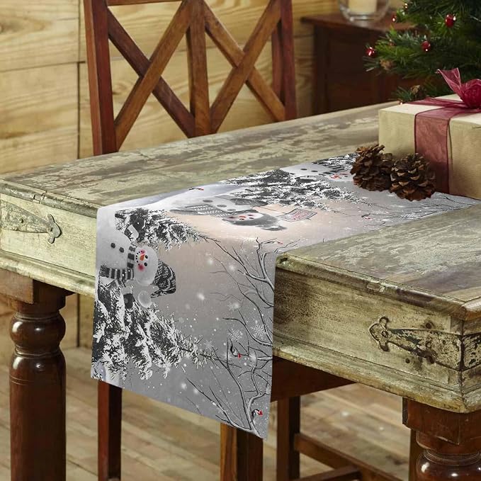 Christmas Snowman Table Runners 72 Inches Long, Cotton Linen Fabric Snowflake - Image 3