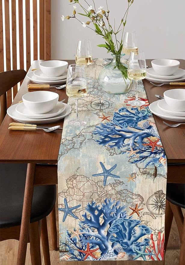 Navy Blue Coral Table Runners 70 Inches Long, Vintage Coastal Nautical Table - Image 2