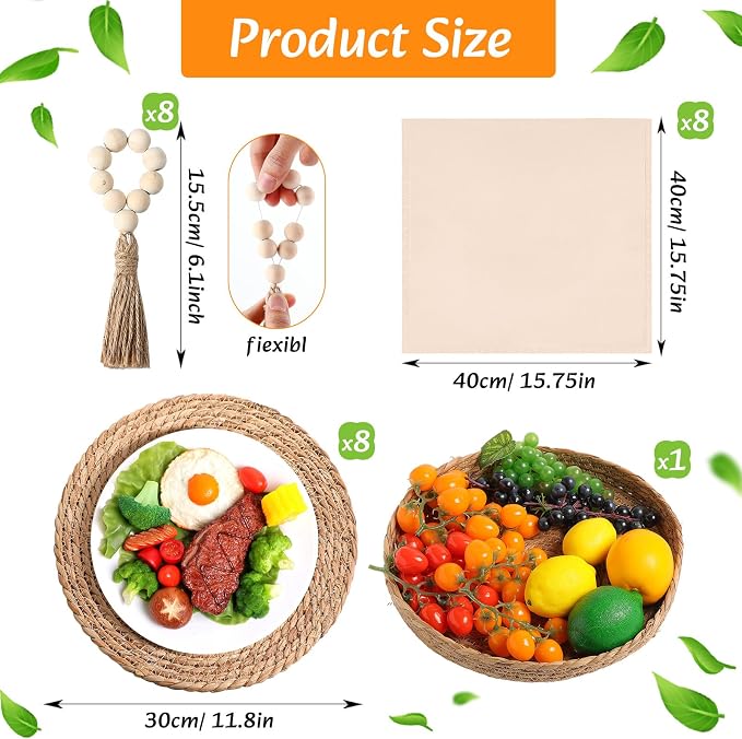 8 Sets Boho Decoration Placemats Round Woven Placemats, Cloth Napkins, Wood - Image 2