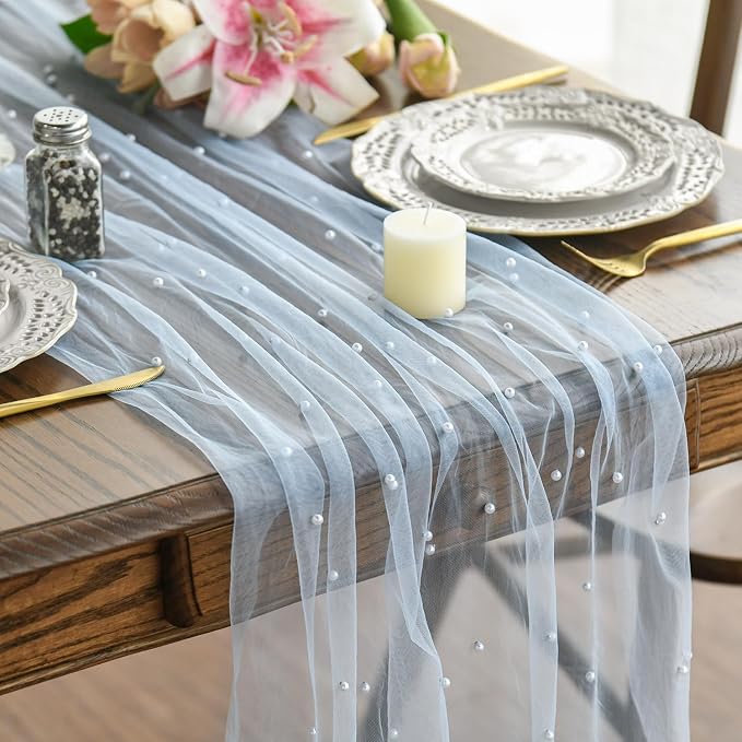 Artoid Mode Pearl Blue Gauze Table Runner 59x120 Inch, Seasonal Sheer Kitchen by ArtoidMode