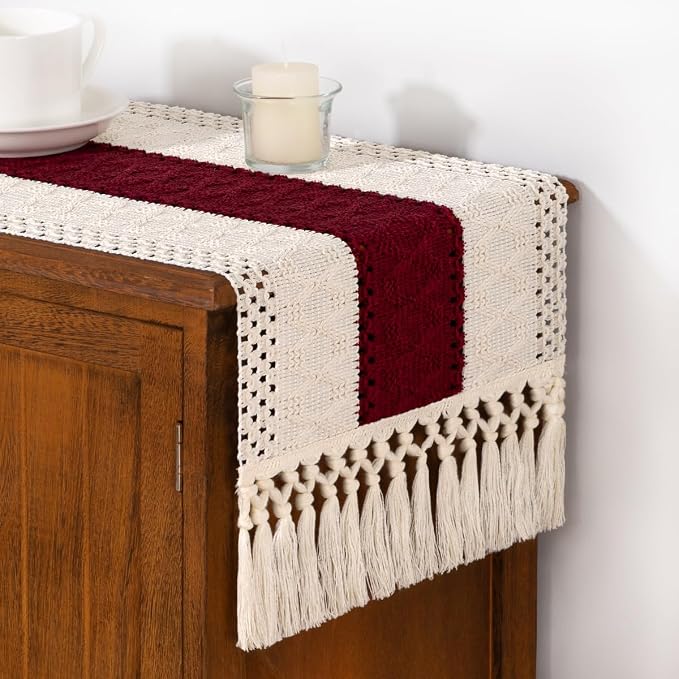 DeZerlor Ivory&Burgundy Boho Macrame Farmhouse Woven Table Runner 72Inch | - Image 4