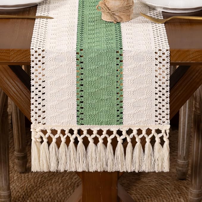 DeZerlor Ivory&Sage Green Boho Macrame Farmhouse Woven Table Runner 60Inch | - Image 5