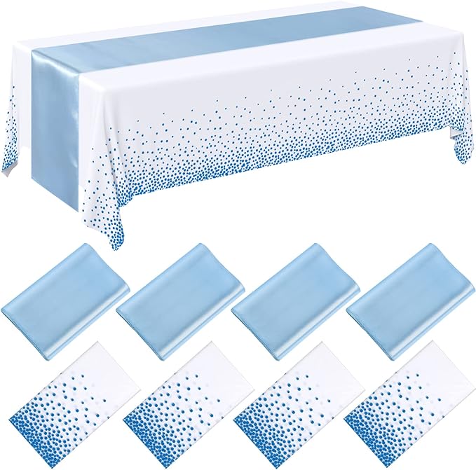 8 Pack Winter Baby Blue and White Disposable Plastic Tablecloths and Satin by Breling