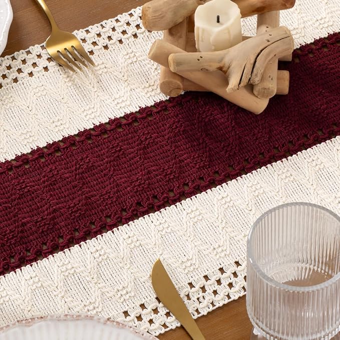 DeZerlor Ivory&Burgundy Boho Macrame Farmhouse Woven Table Runner 60Inch | - Image 6