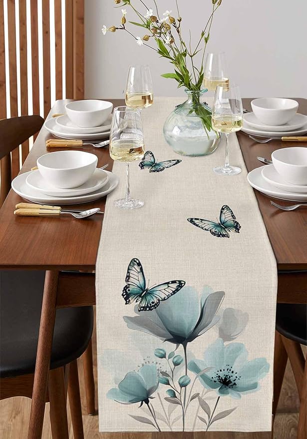 Turquoise Floral Table Runners 70 Inches Long, Spring Flowers Butterfly Table - Image 2