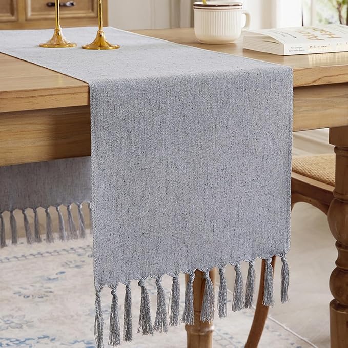 Cotton Linen Table Runner, 13x108 Inch Silver Grey by Aoztio