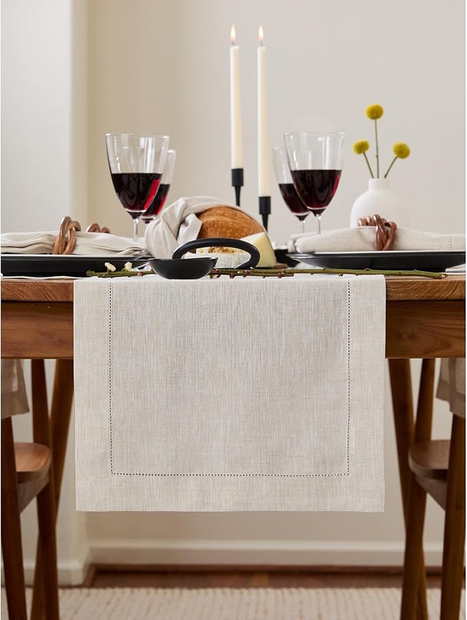 Solino Home 100% Linen Table Runner Natural, Classic Hemstitch 14 x 108 in | by SolinoHome