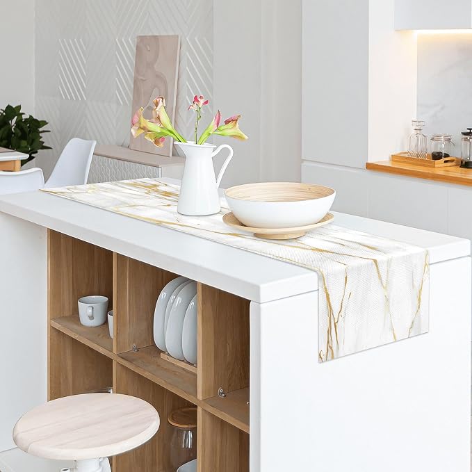 White Gold Table Runner Marble Linen Table Runners, Long Coffee Dresser Runners - Image 8