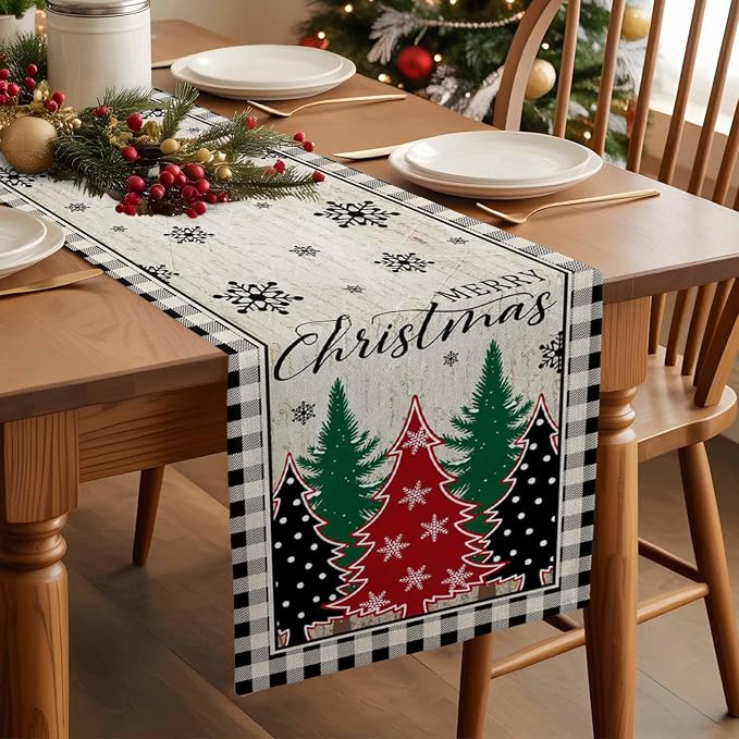 Christmas Trees Table Runner 72 Inches Long, Xmas Snowflake Retro Table Runners - Image 3