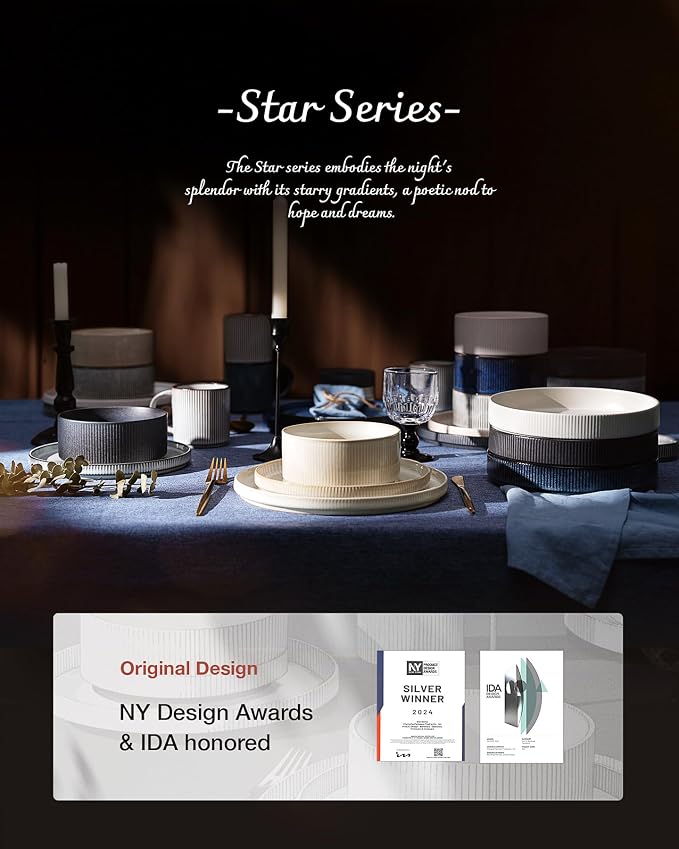 famiware Star 8.25" Pasta Bowls Set of 6, Bowl Plates, Deep Forest | Microwave - Image 7