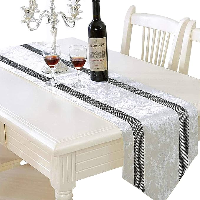Elegant Bling Rhinestone Creamy White Table Runner, Ombre Velvet, Double-Layer by Jiino