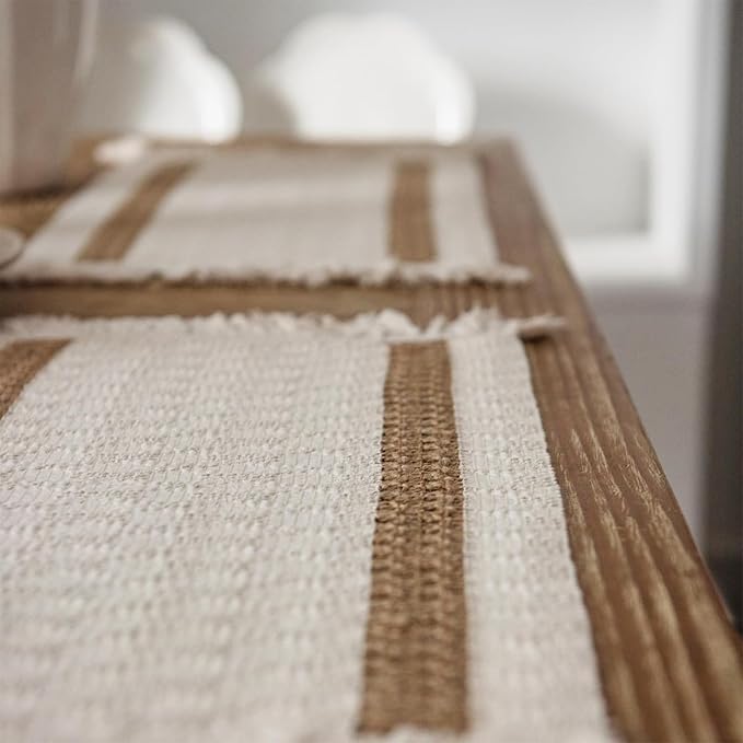 Boho Placemats Set of 6, 12x18 Inch Natural Cotton Burlap and Kitchen Woven - Image 2