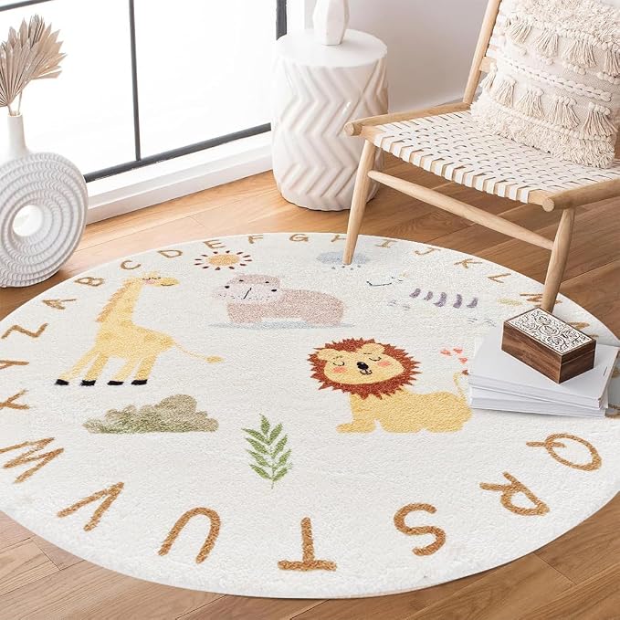 Poowe ABC Animals Kids Play Mat Baby Nursery Rug Round Educational Alphabet - Image 4