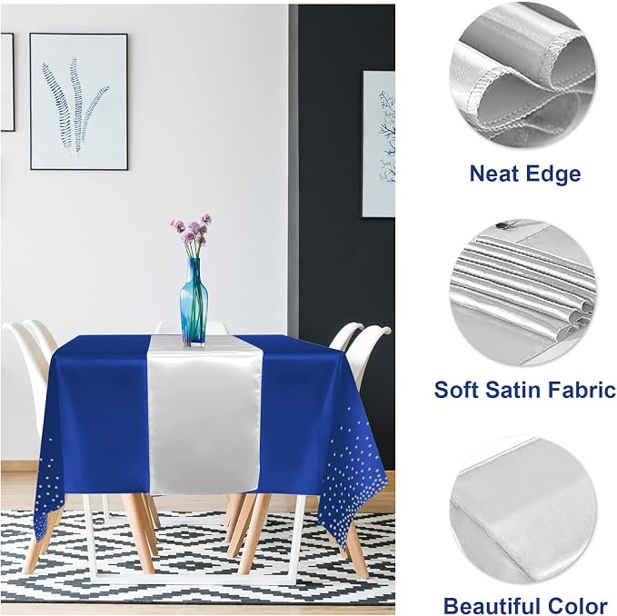 8Pack Disposable Plastic Tablecloths and Satin Table Runner Set Blue and Silver - Image 3