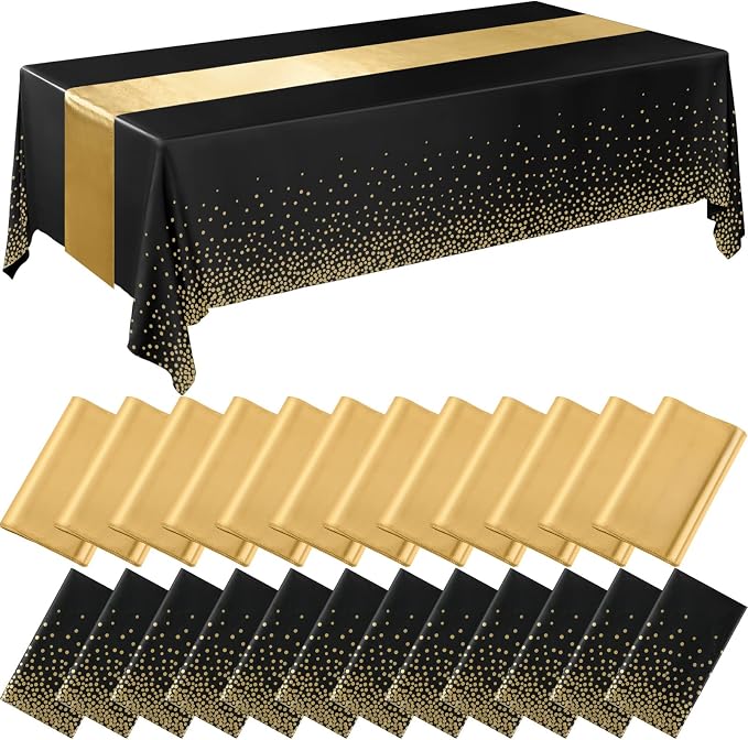 24 Packs Black and Gold Disposable Plastic Tablecloths and Satin Table Runner by Breling