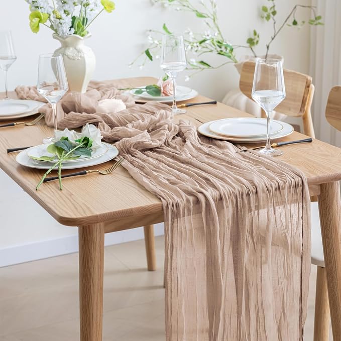 Asee'm 2pcs Nude Pink Cheesecloth Table Runner Summer Boho Rustic 10FT | Fall - Image 6