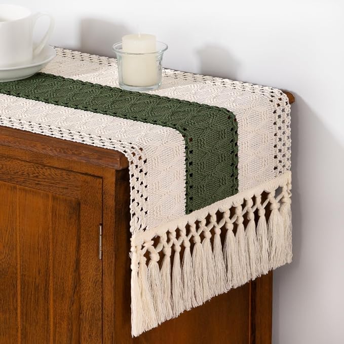 DeZerlor Ivory&Olive Green Boho Macrame Farmhouse Woven Table Runner 108In | - Image 4