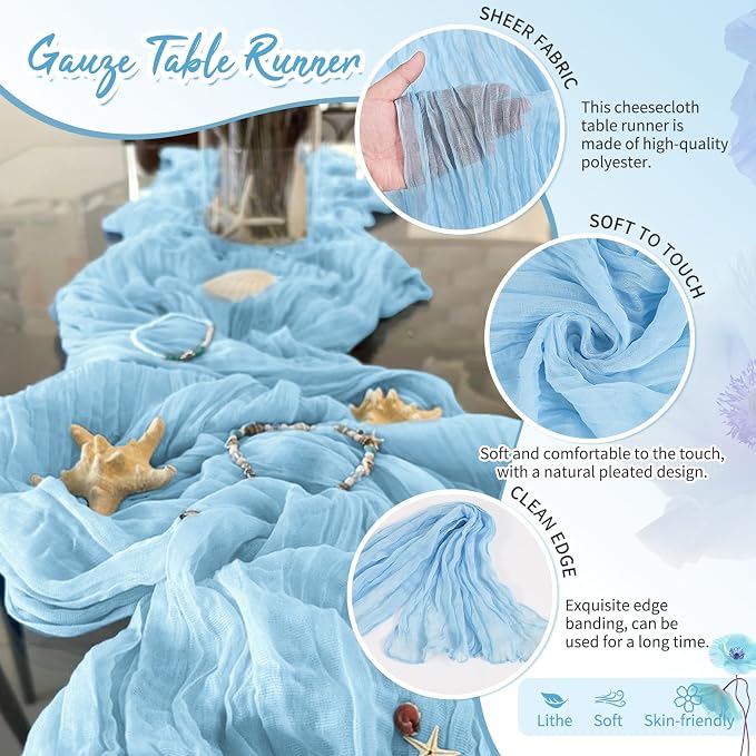 Showgeous 4 Pack Baby Blue Cheesecloth Table Runner, 17 x 108 Inches | Boho - Image 3