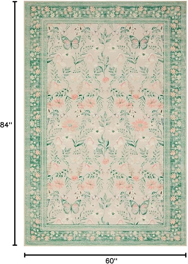 Rugxara Green Floral Rug for Living Room Bedroom, 5x7 Washable Rug, Vintage - Image 2