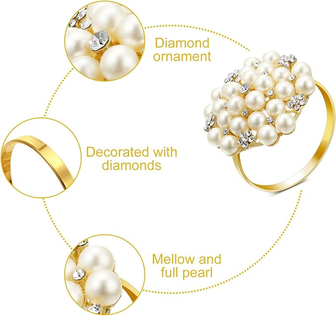Hotop 100 Pcs Gold Napkin Rings Pearls and Flower Napkin Buckles Rhinestone - Image 6