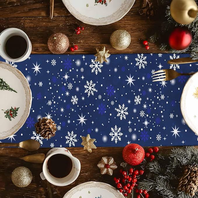 Navy Blue Christmas Tree Table Runner 60 Inches Long, Xmas Balls Snowflake - Image 4