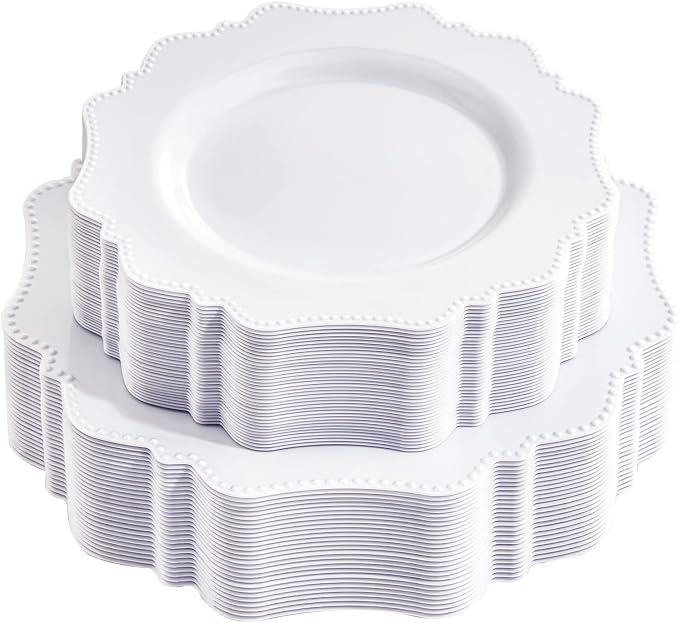 COLOSUS 60PCS White Plastic Plates-Fancy Plastic Beaded Plates, Plastic Premium by COLOSUS