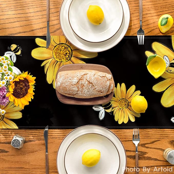 Artoid Mode Bee Sunflower Table Runner Black, Seasonal Spring Summer Flowers - Image 3