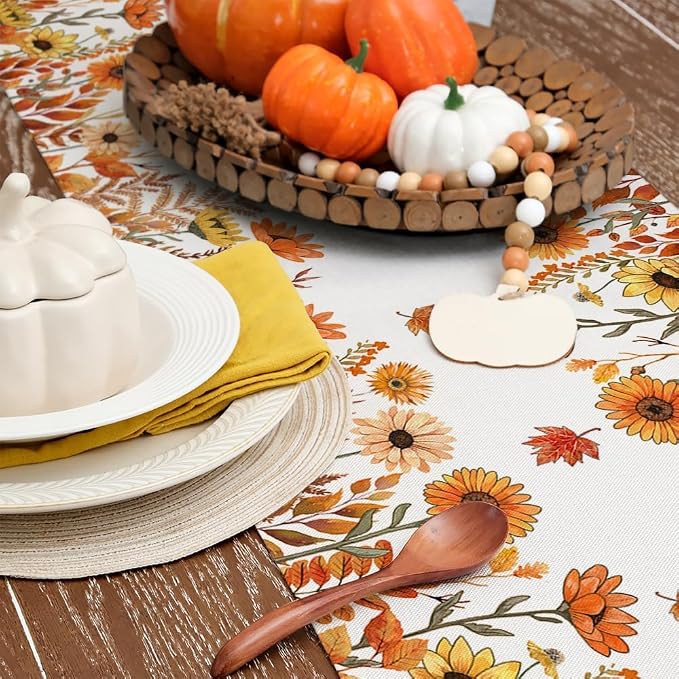 Fall Pumpkins and Sunflowers Table Runner 13x108 Inch, Maple Leaves Farmhouse - Image 7